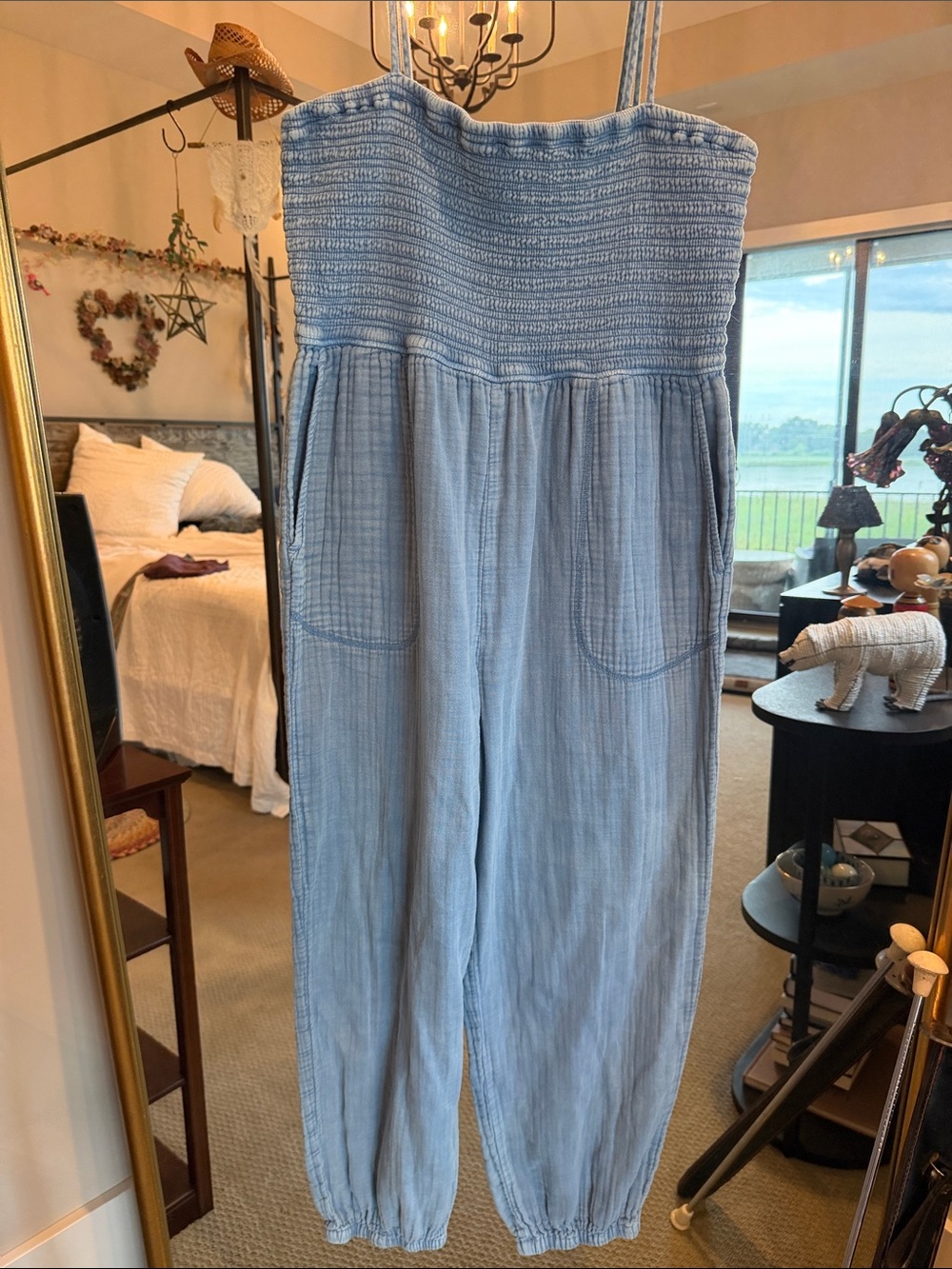 Z Supply Light Blue Smocked Jumpsuit Jogger